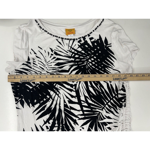 Womens Ruby Rd White Floral Beaded Neckline Ruched Side Short Sleeve Shirt Large - Picture 9 of 11